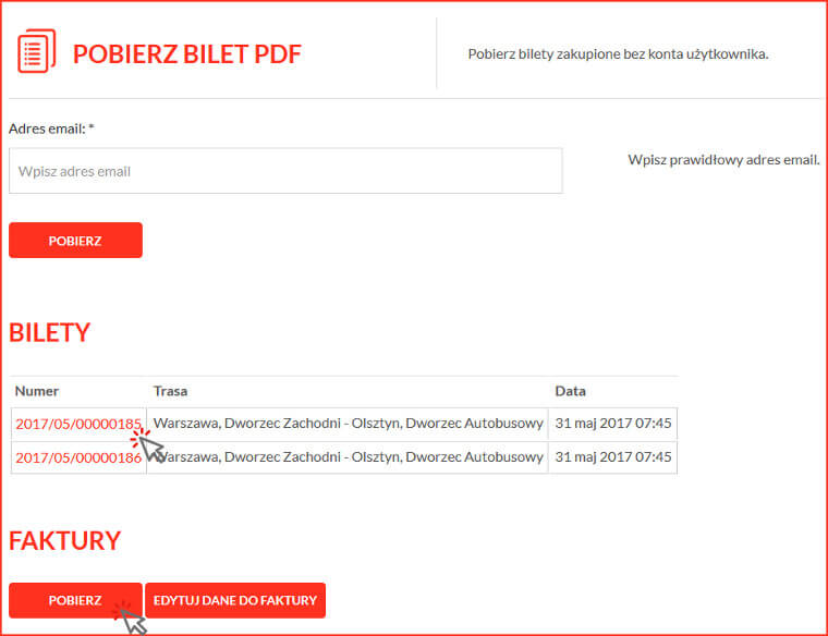 Bilety autobusowe oraz faktury VAT za bilety gotowe do pobrania